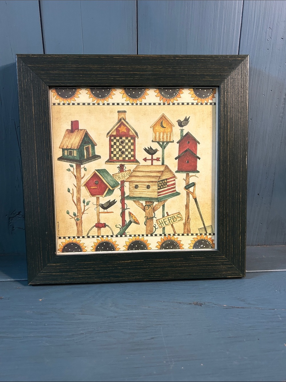 Vintage Rustic Birdhouse Wall Art in Black Frame by Debbie Mumm | 10 x 10”